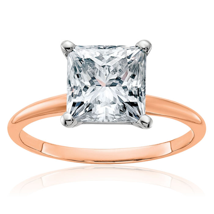 14K Solid Rose Pink Gold 2 7.5mm Princess-Cut Square Moissanite Solitaire Engagement Ring