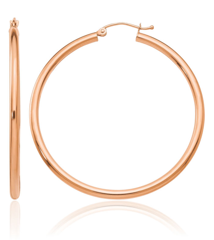 14K Solid Rose Pink Gold 2.5mm Tube Round Large Hoop Earrings