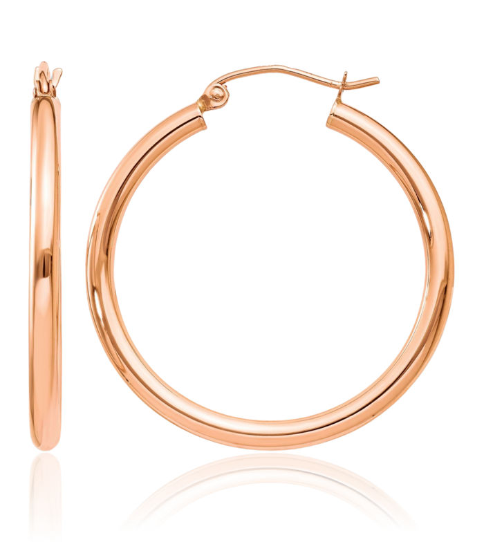 14K Solid Rose Pink Gold 2.5mm Tube Round Medium Hoop Earrings