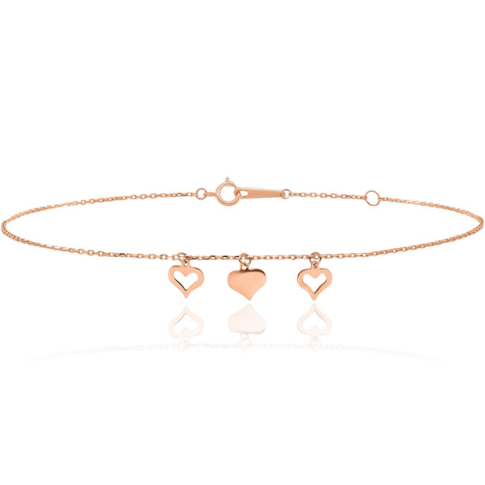 14K Solid Rose Pink Gold 3 Heart Anklet Summer Beach Foot Ankle Bracelet