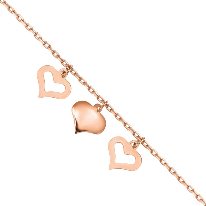 14K Solid Rose Pink Gold 3 Heart Anklet Summer Beach Foot Ankle Bracelet