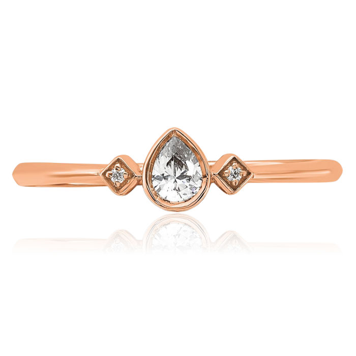 14K Solid Rose Pink Gold 3 Stone Pear Diamond Promise Ring Engagement Wedding Band Bridal Jewelry