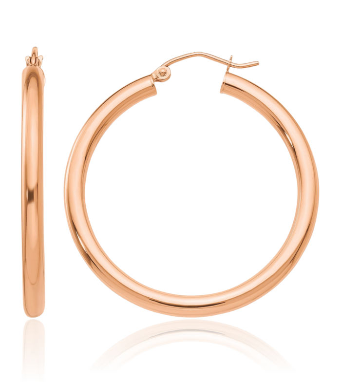 14K Solid Rose Pink Gold 3mm Tube Round Medium Hoop Earrings