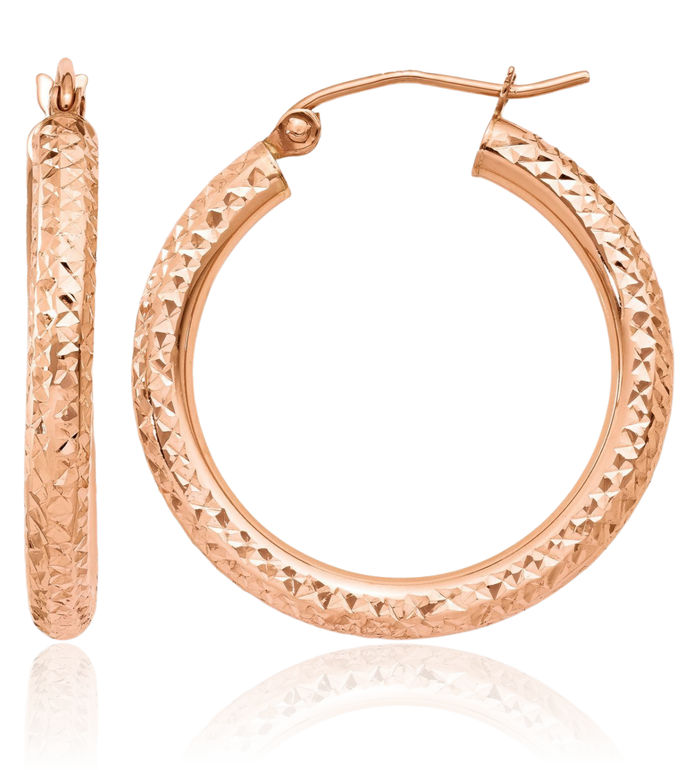 14K Solid Rose Pink Gold 3mm Round Medium Hoop Earrings