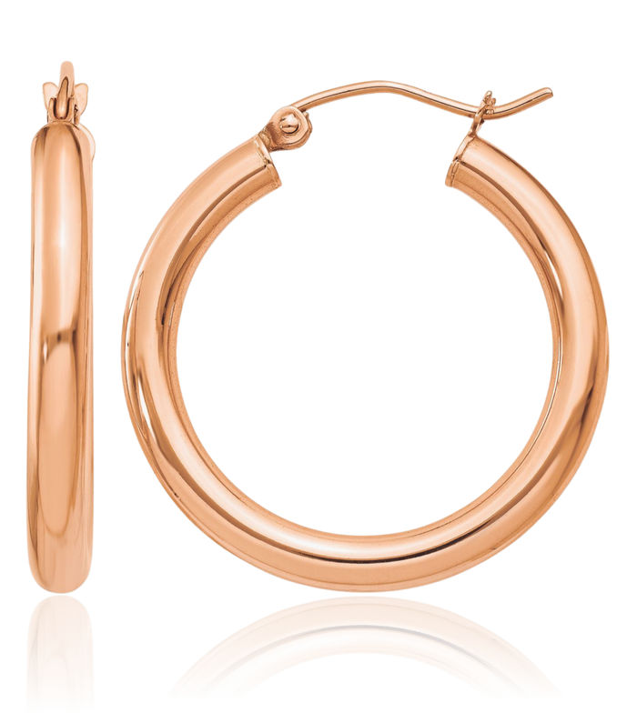 14K Solid Rose Pink Gold 3mm Tube Round Medium Hoop Earrings