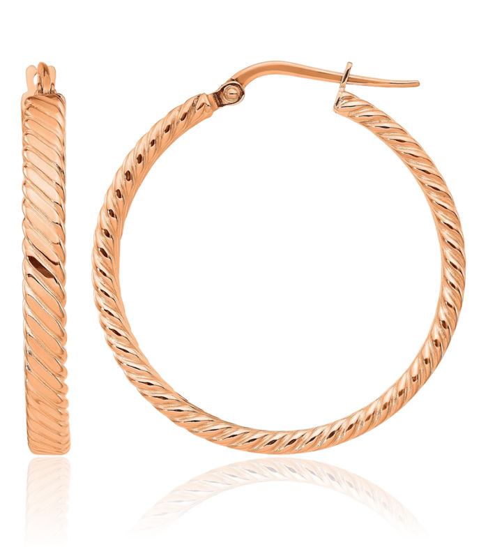14K Solid Rose Pink Gold 3mm Round Medium Hoop Earrings