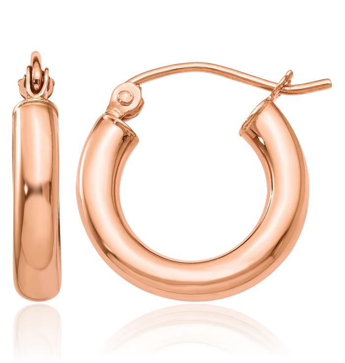 14K Solid Rose Pink Gold 3mm Tube Round Small Hoop Earrings