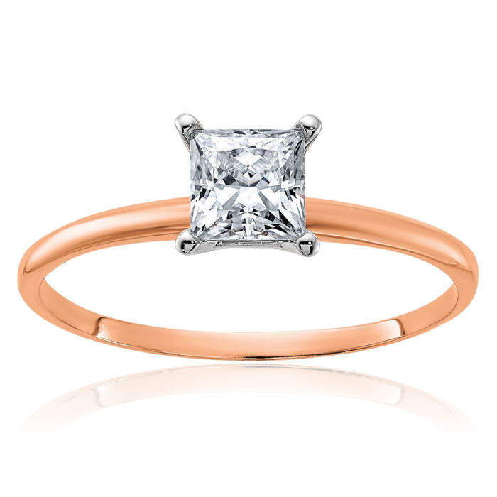 14K Solid Rose Pink Gold 4.5mm Princess-Cut Square Moissanite Solitaire Engagement Ring