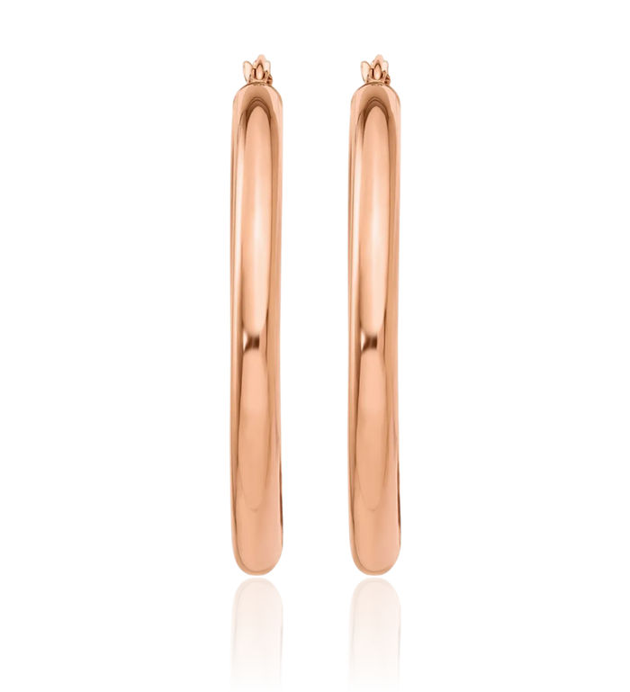 14K Solid Rose Pink Gold 4mm Tube Round Large Hoop Earrings