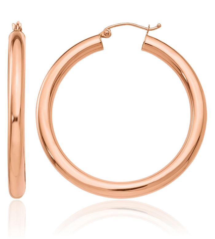 14K Solid Rose Pink Gold 4mm Tube Round Large Hoop Earrings