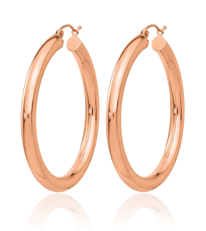 14K Solid Rose Pink Gold 4mm Tube Round Large Hoop Earrings