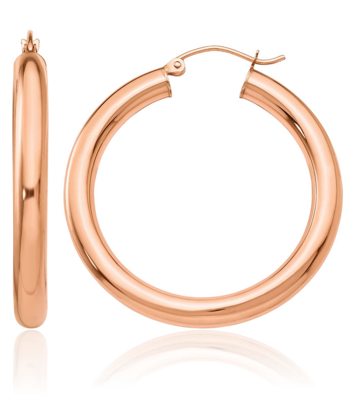 14K Solid Rose Pink Gold 4mm Tube Round Medium Hoop Earrings