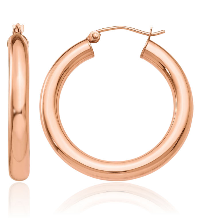 14K Solid Rose Pink Gold 4mm Tube Round Medium Hoop Earrings