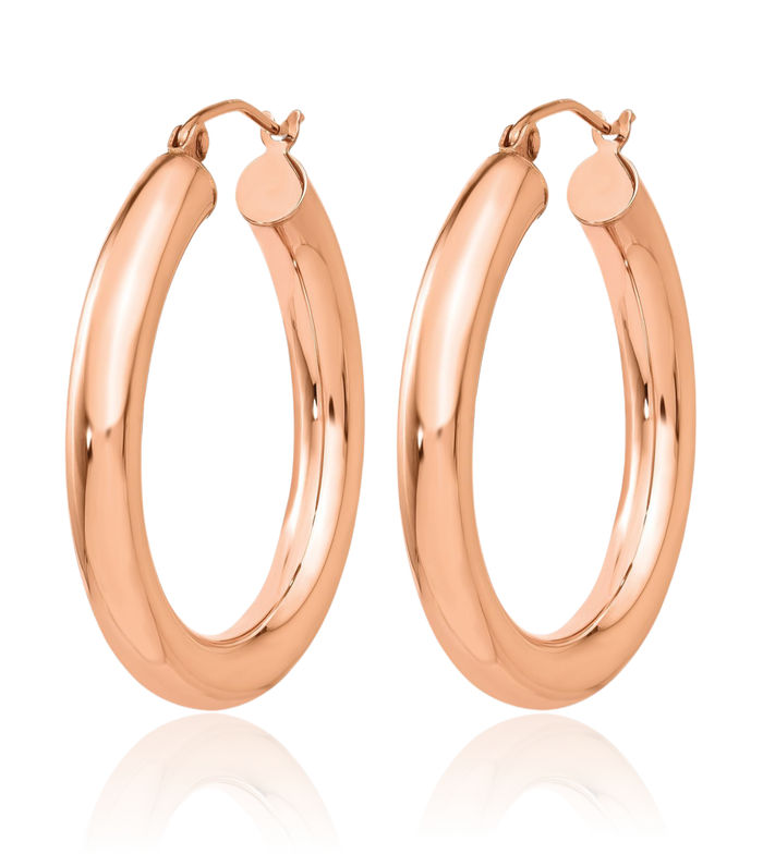 14K Solid Rose Pink Gold 4mm Tube Round Medium Hoop Earrings