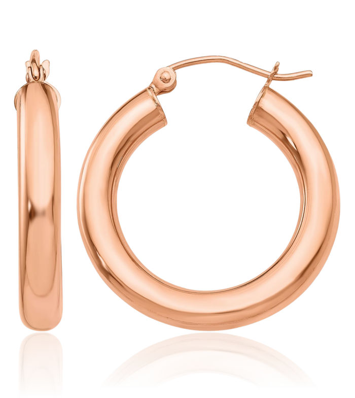 14K Solid Rose Pink Gold 4mm Tube Round Medium Hoop Earrings