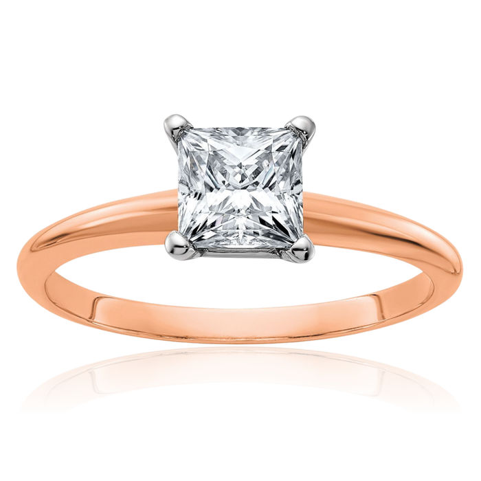 14K Solid Rose Pink Gold 5.5mm Princess-Cut Square Moissanite Solitaire Engagement Ring