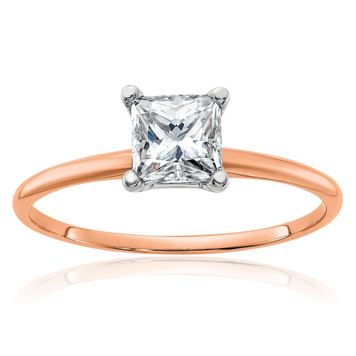 14K Solid Rose Pink Gold 5mm Princess-Cut Square Moissanite Solitaire Engagement Ring