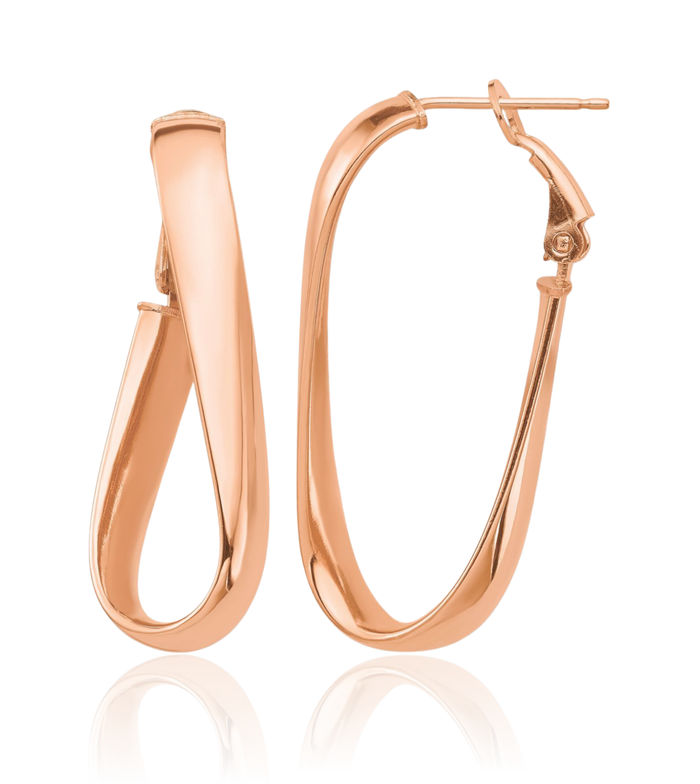 14K Solid Rose Pink Gold 5mm Wavy Oval Omega Clip Back Post Medium Hoop Earrings