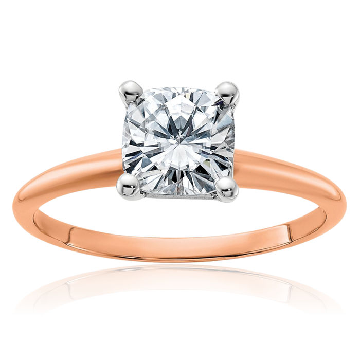 14K Solid Rose Pink Gold 6.5mm Cushion-Cut Moissanite Solitaire Engagement Ring