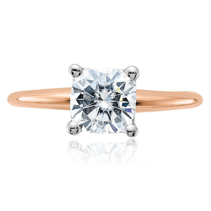 14K Solid Rose Pink Gold 6.5mm Cushion-Cut Moissanite Solitaire Engagement Ring