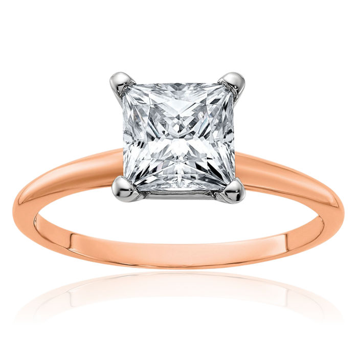 14K Solid Rose Pink Gold 6.5mm Princess-Cut Square Moissanite Solitaire Engagement Ring