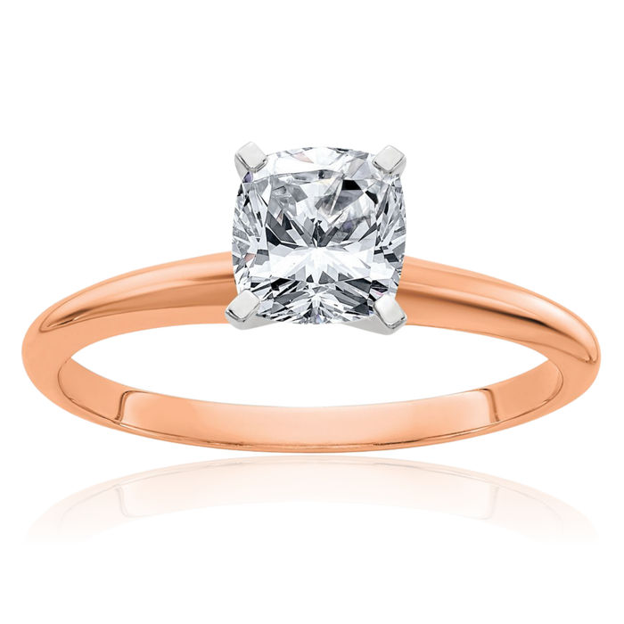 14K Solid Rose Pink Gold 6mm Cushion-Cut Moissanite Solitaire Engagement Ring