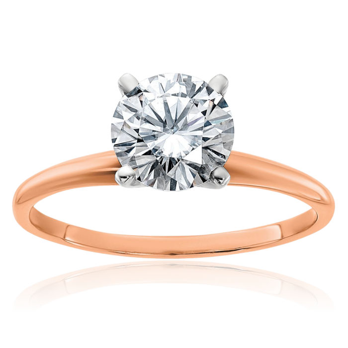 14K Solid Rose Pink Gold 7.5mm Round Moissanite Solitaire Engagement Ring