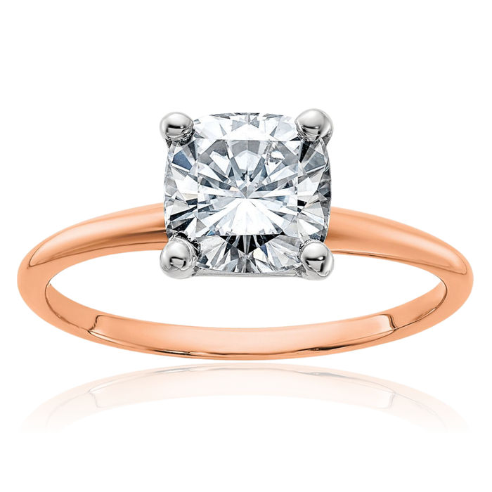 14K Solid Rose Pink Gold 7mm Cushion-Cut Moissanite Solitaire Engagement Ring