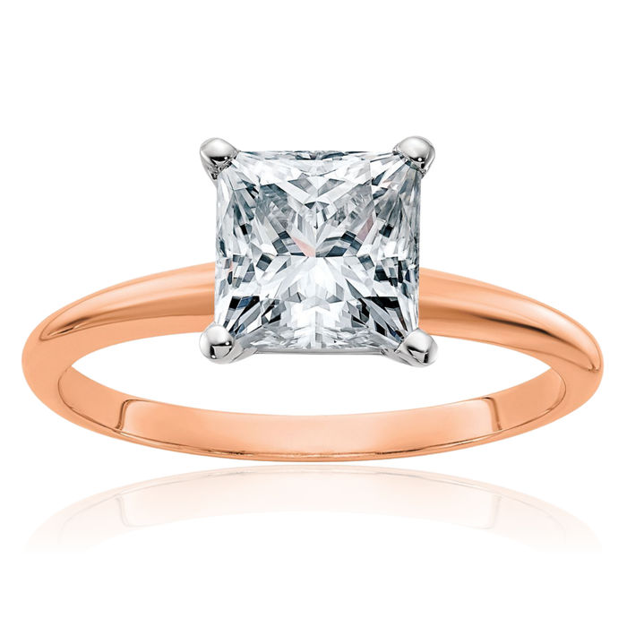 14K Solid Rose Pink Gold 7mm Princess-Cut Square Moissanite Solitaire Engagement Ring