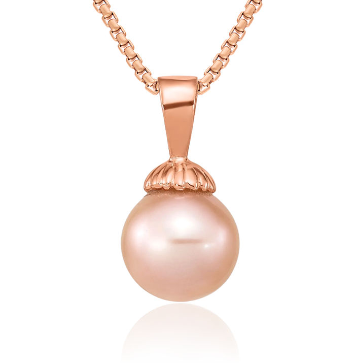 14K Solid Rose Gold 8mm Pink Round Freshwater Cultured Pearl Necklace Chain Pendant Charm