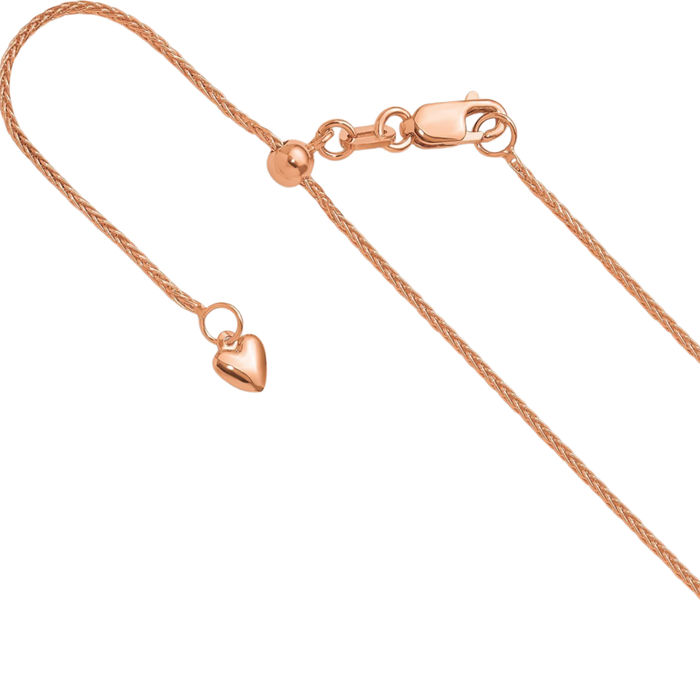 14K Solid Rose Pink Gold Adjustable 1mm Spiga Wheat Link Chain Necklace