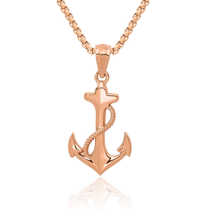 14K Solid Rose Pink Gold Anchor Mariner Necklace Nautical Charm Pendant