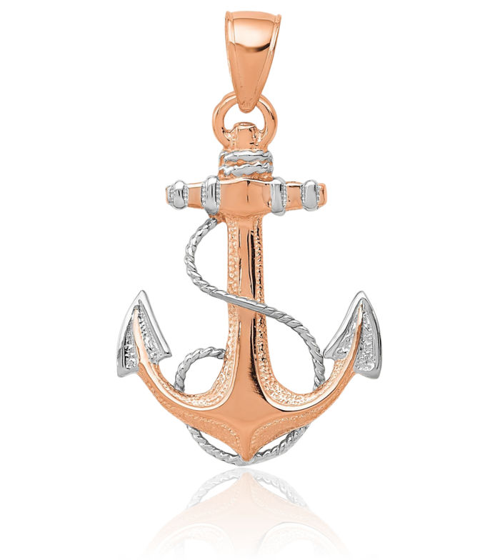 14K Solid Rose Pink Gold Anchor Mariner Rope Necklace Nautical Charm Pendant