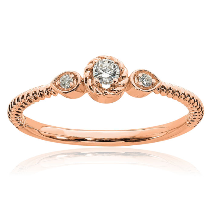 14K Solid Rose Pink Gold Band 3 Stone Round Diamond Promise Ring Engagement Wedding Bridal Jewelry