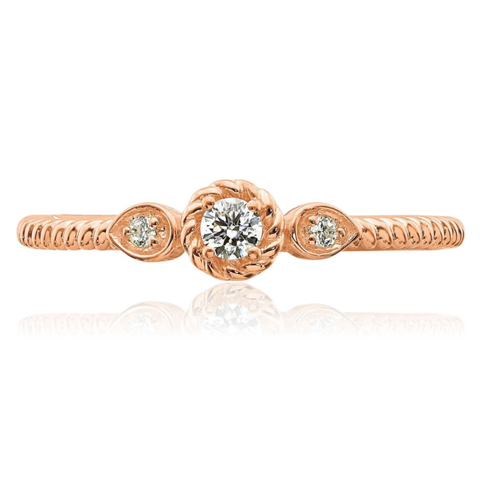 14K Solid Rose Pink Gold Band 3 Stone Round Diamond Promise Ring Engagement Wedding Bridal Jewelry