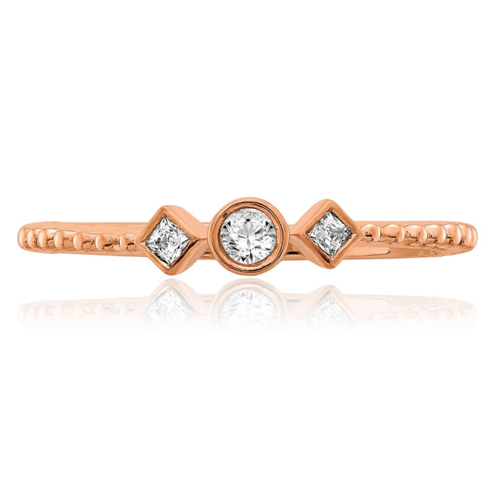 14K Solid Rose Pink Gold Band 3 Stone Round Diamond Promise Ring Engagement Wedding Bridal Jewelry