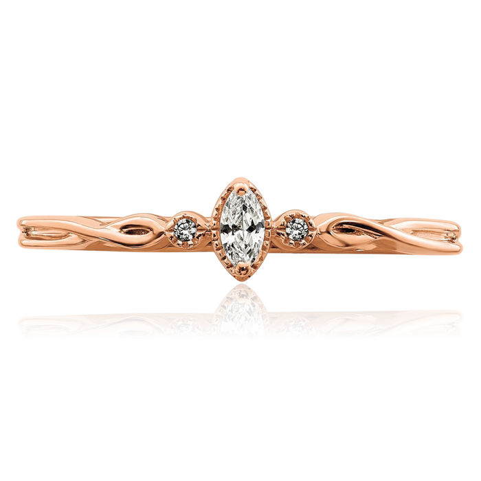 14K Solid Rose Pink Gold Beaded Edge 3 Stone Marquise Diamond Promise Ring Engagement Wedding Band Bridal Jewelry