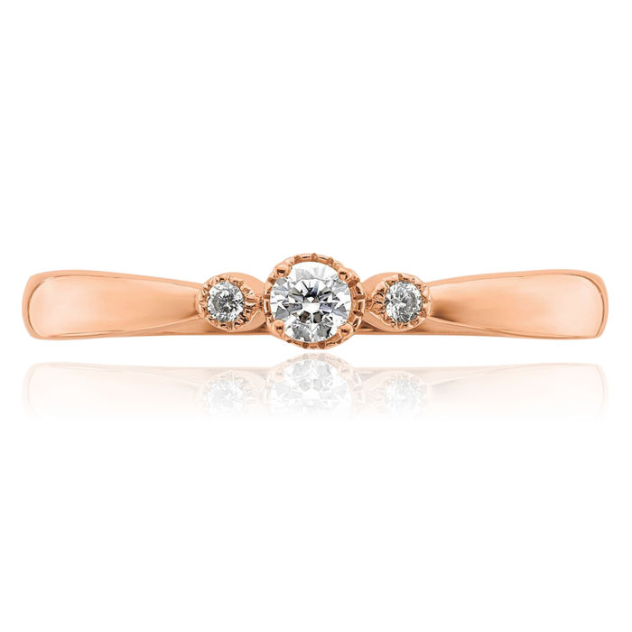 14K Solid Rose Pink Gold Beaded Edge 3 Stone Round Diamond Promise Ring Engagement Wedding Band Bridal Jewelry