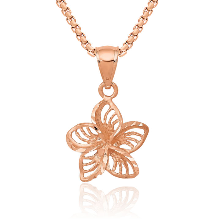 14K Solid Rose Pink Gold Beaded Hawaiian Plumeria Flower Necklace Chain Pendant Charm