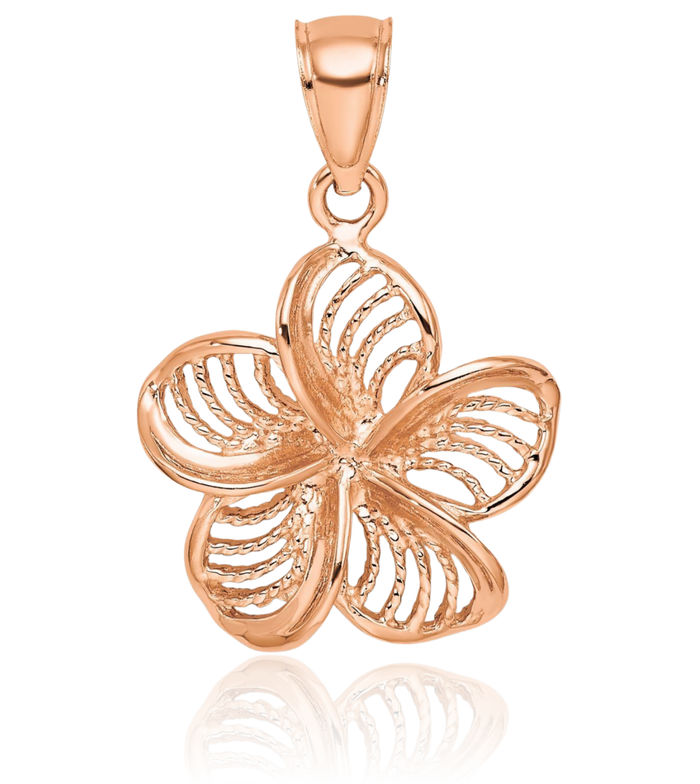 14K Solid Rose Pink Gold Beaded Hawaiian Plumeria Flower Necklace Chain Pendant Charm