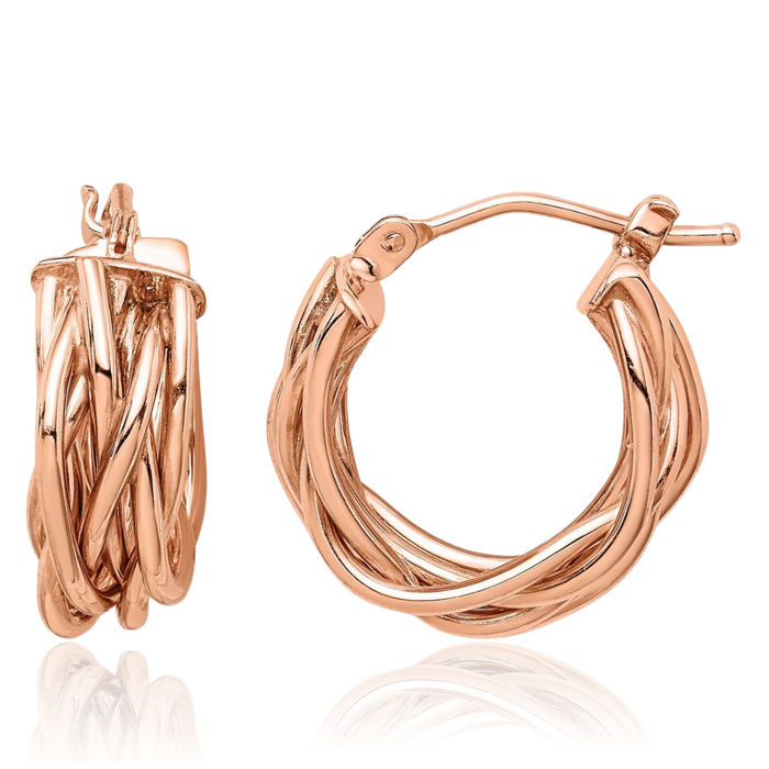 14K Solid Rose Pink Gold Braided Round Hoop Earrings