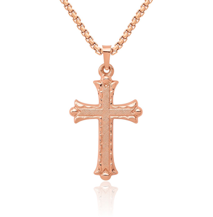 14K Solid Rose Pink Gold Budded Holy Cross Necklace Religious Chain Pendant Jesus Christ Christian Charm