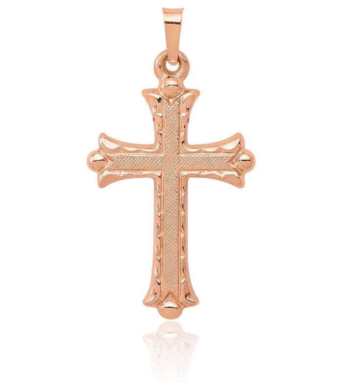 14K Solid Rose Pink Gold Budded Holy Cross Necklace Religious Chain Pendant Jesus Christ Christian Charm