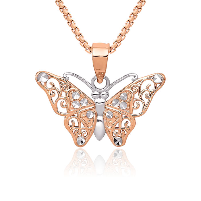 14K Solid Rose Pink Gold Butterfly Wings Necklace Chain Pendant Charm