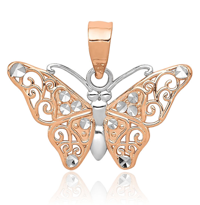 14K Solid Rose Pink Gold Butterfly Wings Necklace Chain Pendant Charm