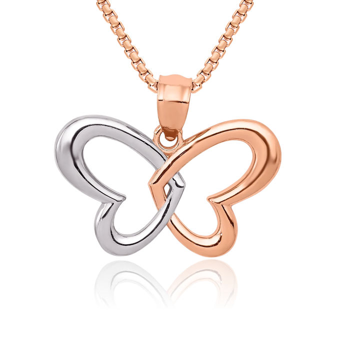 14K Solid Rose Pink Gold Butterfly Wings Necklace Chain Pendant Charm