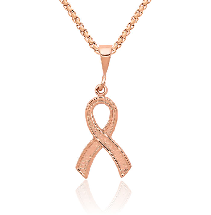 14K Solid Rose Pink Gold Cancer Breast Awareness Ribbon Necklace Chain Pendant Charm