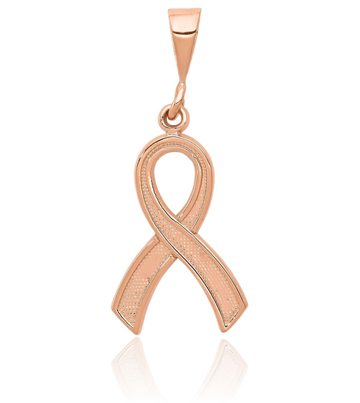 14K Solid Rose Pink Gold Cancer Breast Awareness Ribbon Necklace Chain Pendant Charm