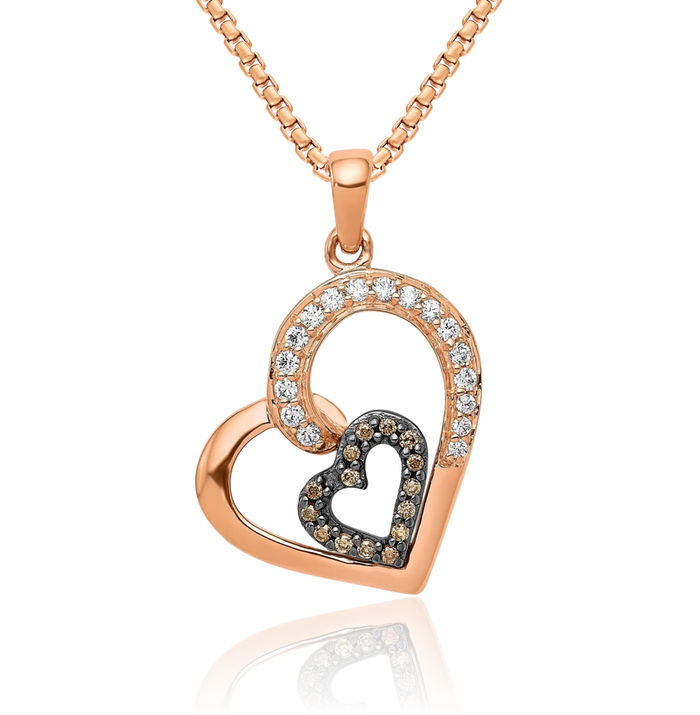 14K Solid Rose Pink Gold Champagne White Diamond Heart Necklace Love Pendant Charm