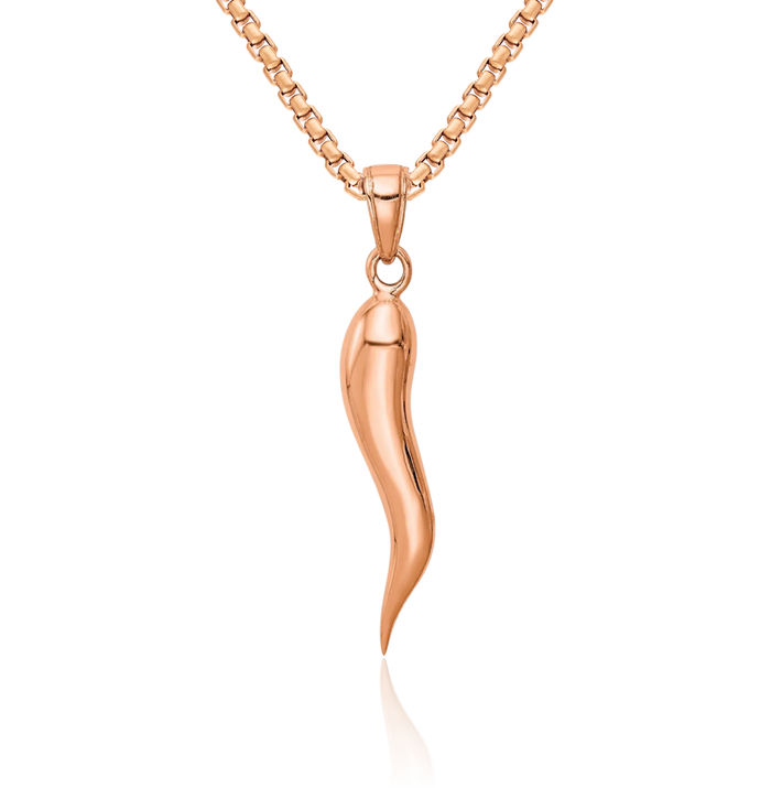 14K Solid Rose Pink Gold Cornicello Italian Horn Necklace Lucky Protection Amulet Pendant Chilli Pepper Charm